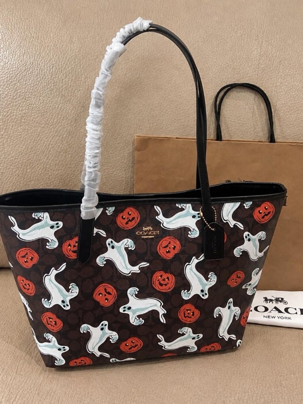Coach City Tote Bag In Signature Canvas With Halloween Print Pumpkin Ghost NWT